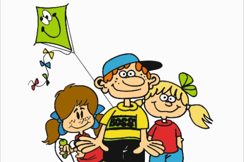 Drie kinderen met een vlieger in de hand